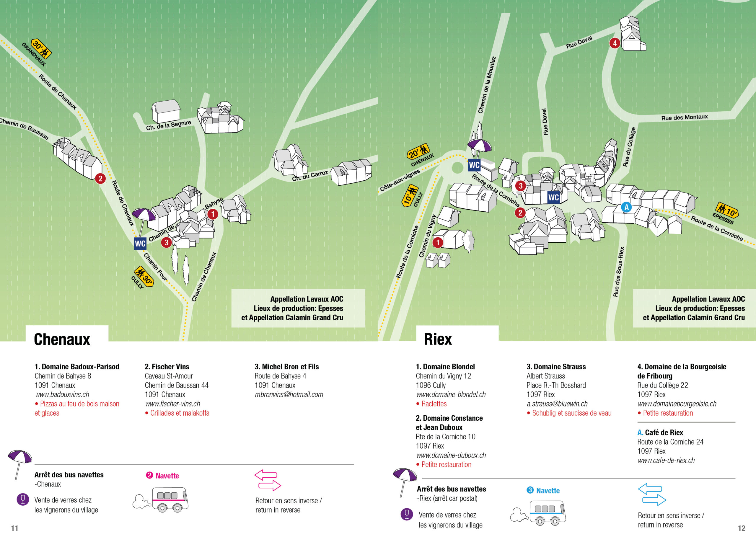 Carte pratique des navettes et des vignerons participants pour les caves ouvertes vaudoises dans les villages de Chenaux et de Riex à Lavaux