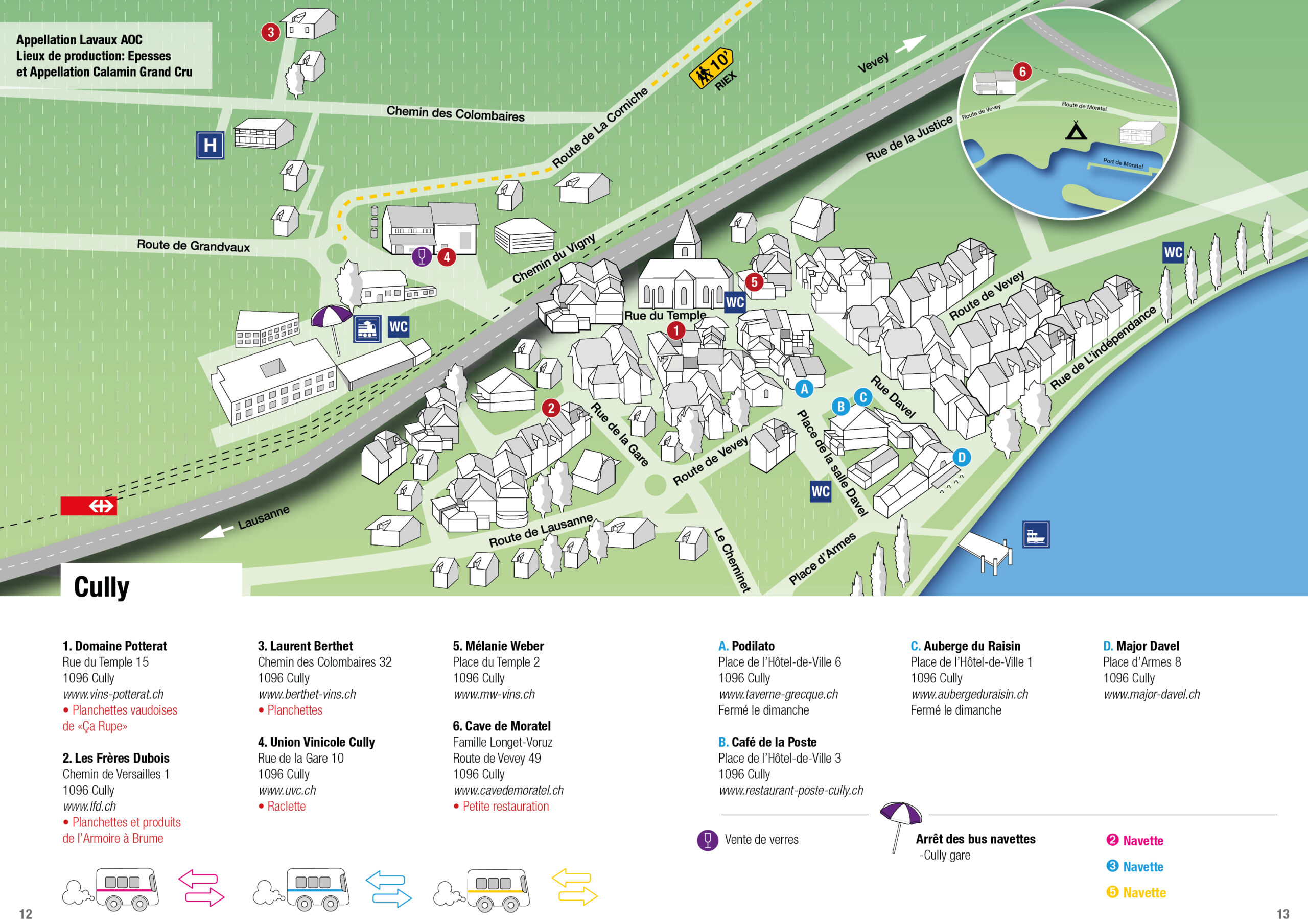 Carte pratique des navettes et des vignerons participants pour les caves ouvertes vaudoises dans le village de Cully à Lavaux