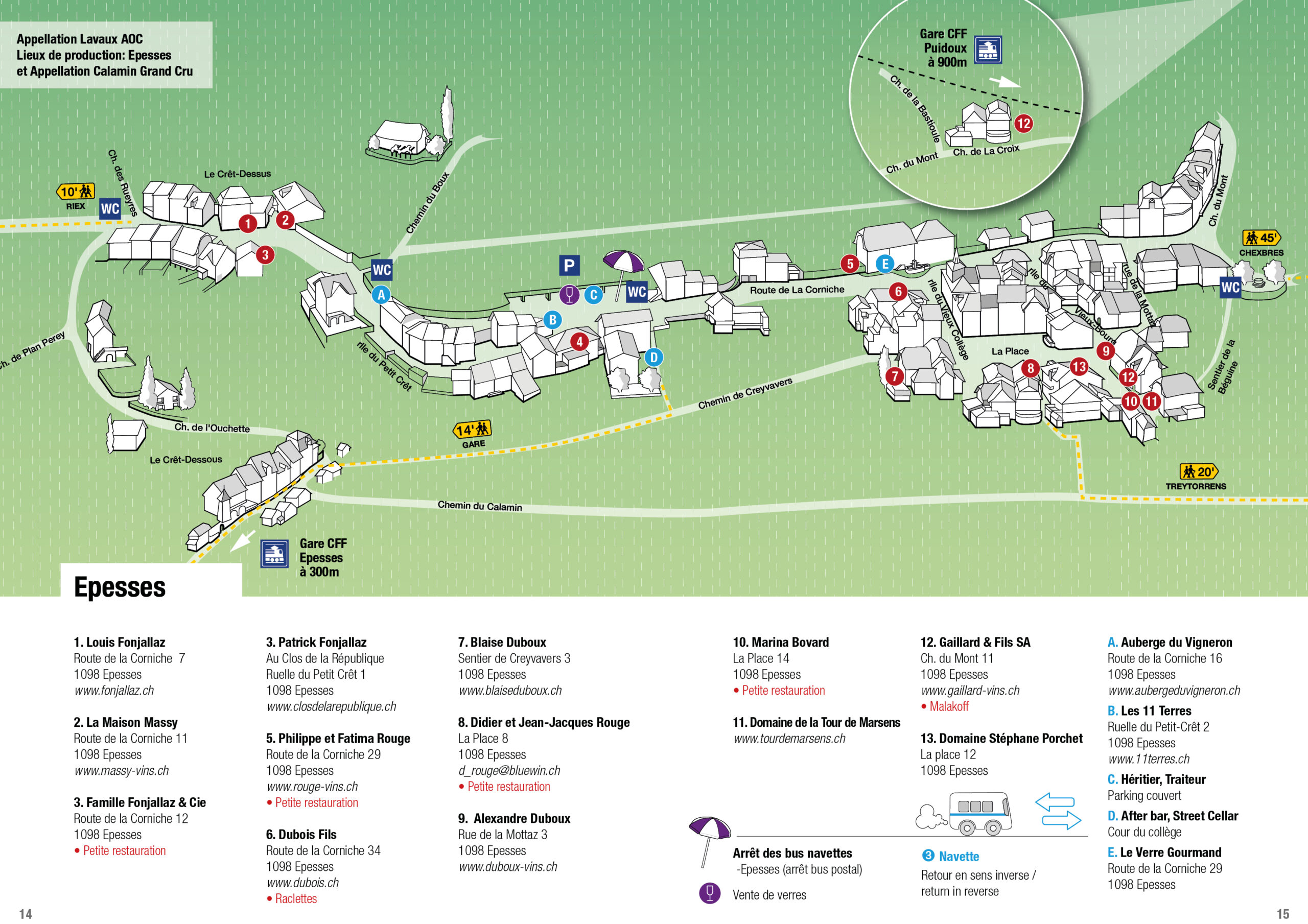 Carte pratique des navettes et des vignerons participants pour les caves ouvertes vaudoises dans le village d'Epesses à Lavaux